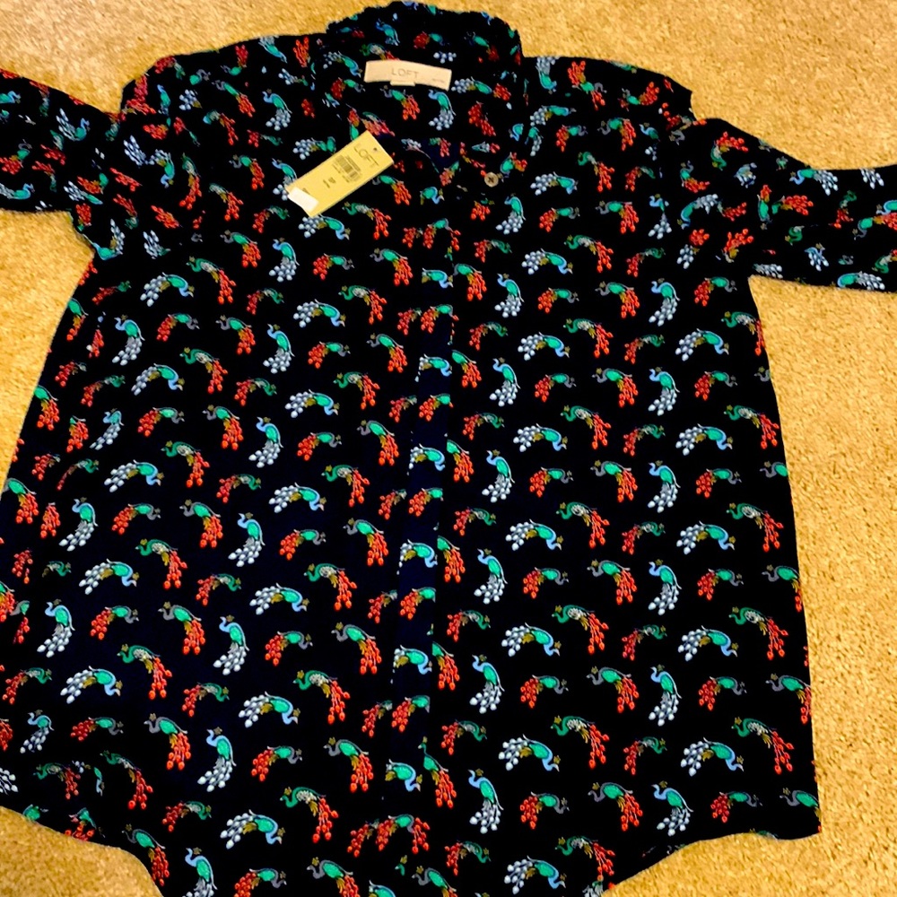 Long sleeve navy peacock a blouse. NWT